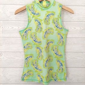 J Crew Sleeveless Rash Guard Small Top Mockneck Lobster Print Green Yellow